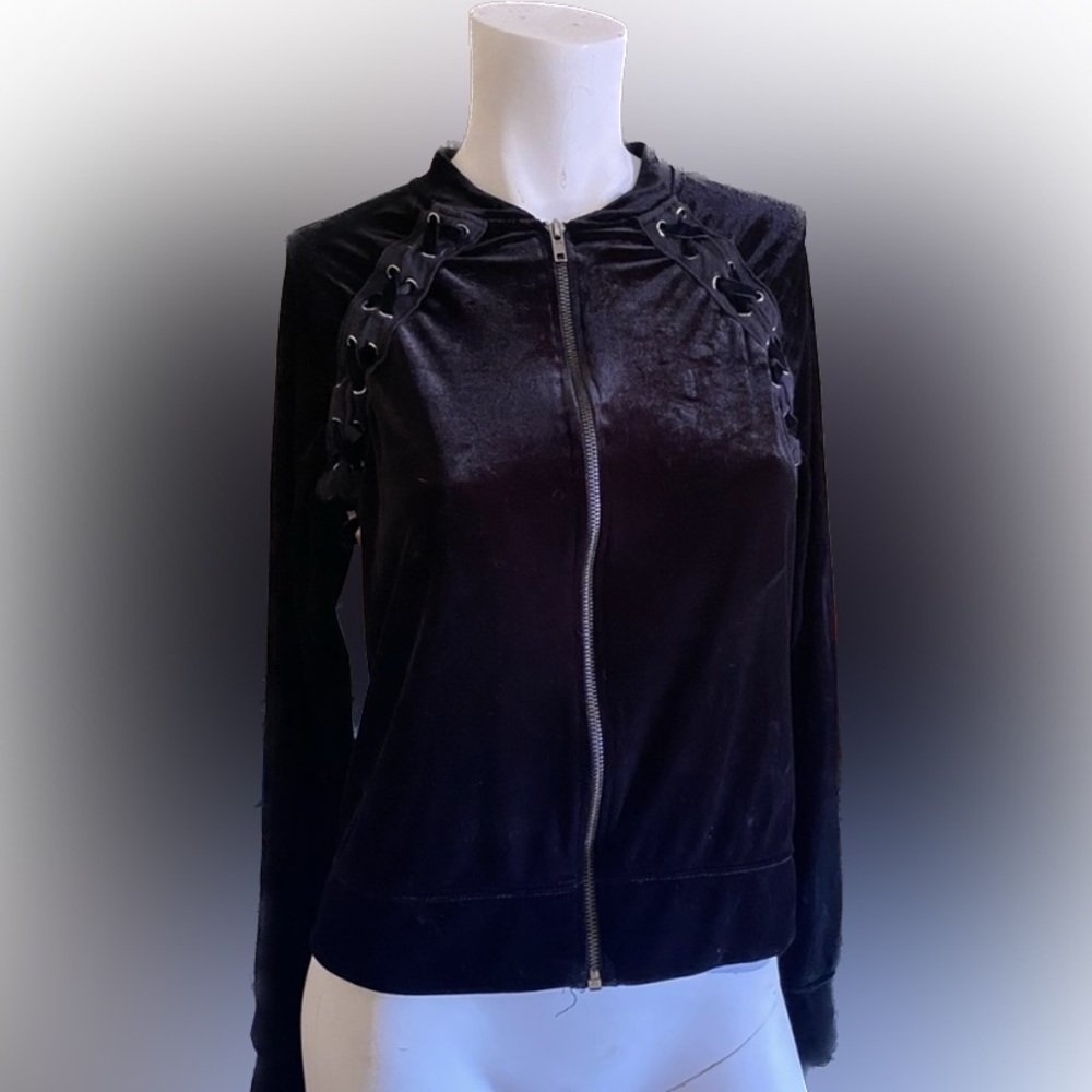 Girls black velvet eyelet warm up jacket active wear gothic punk